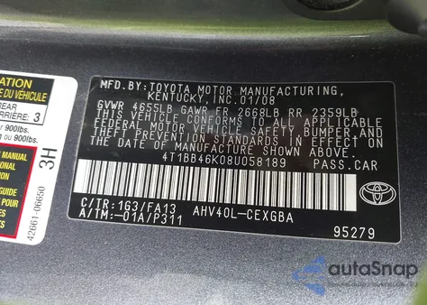 2008 Toyota Camry Hybrid from USA, damaged, VIN 4T1BB46K08U058189